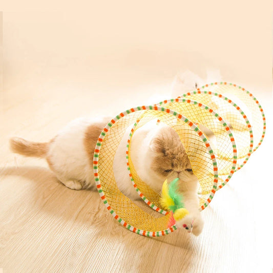 Spiral Chase Cat Tunnel: S-Shaped Spring Interactive Play Tube with Plush Mouse and Feather Teasers