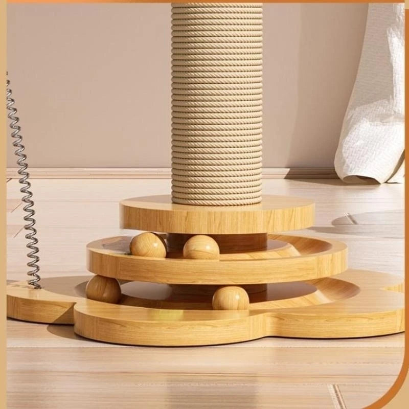 Feline FunStation: Solid Wood Turntable & Sisal Scratching Post with Interactive Balls and Teaser Wand