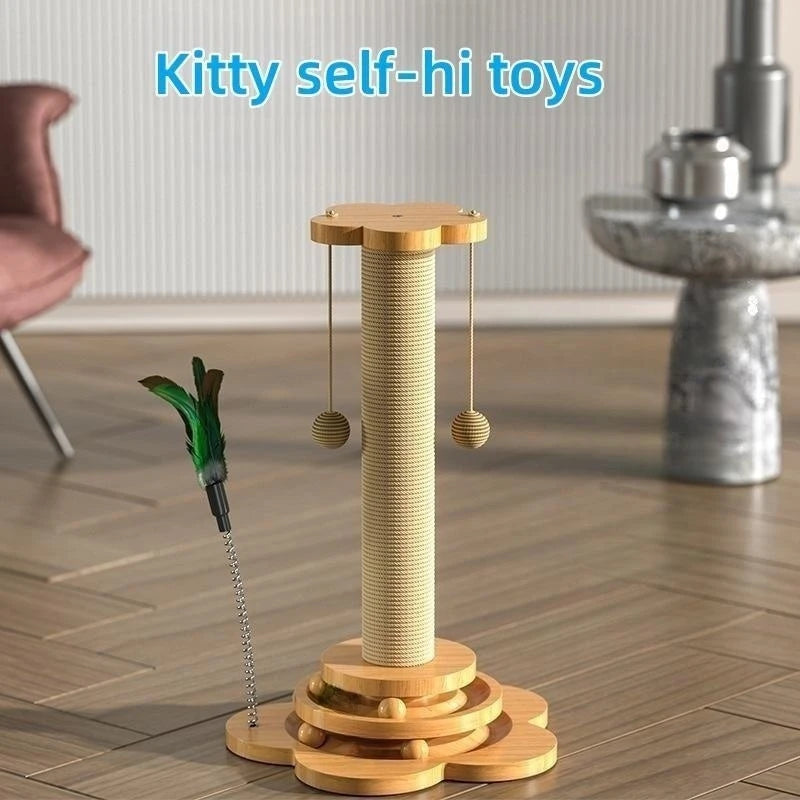Feline FunStation: Solid Wood Turntable & Sisal Scratching Post with Interactive Balls and Teaser Wand