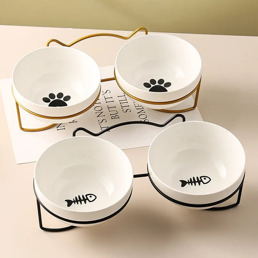 WhiskerComfort Deluxe Ceramic Cat Bowl with Elevated Metal Stand and Drip Mat - For Water & Food